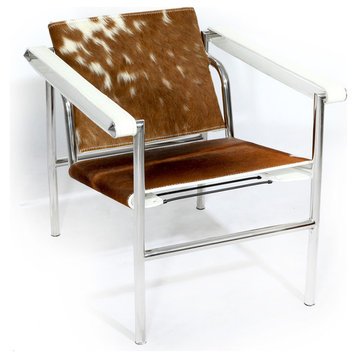 Basculant Sling Chair, Brown/White Cowhide Leather
