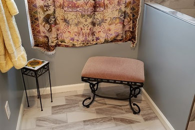 Inspiration for a mid-sized transitional master gray tile and porcelain tile porcelain tile and gray floor bathroom remodel in Other with gray walls