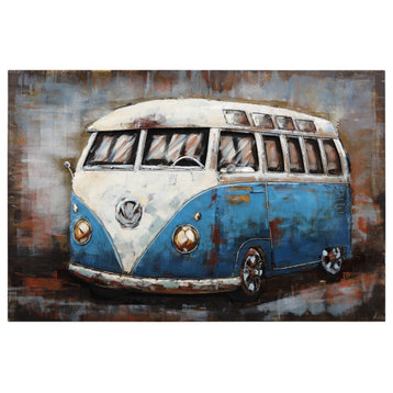 "Blue Bus" Wall Art Mixed Media Iron Hand Painted Dimensional Wall Sculpture