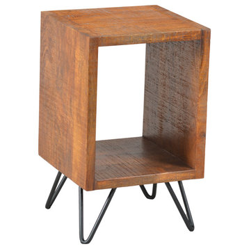 22 Inch Textured Cube Shape Wooden Nightstand With Angular Legs, Brown And Black