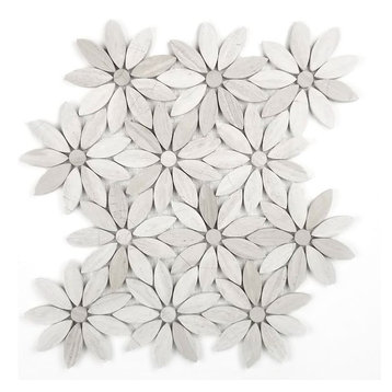 Marble 4 in x 4 in Marble Flower Waterjet Mosaic in Royal Beige