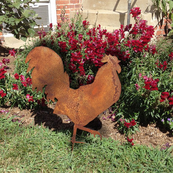 Rooster Garden Art, Rust Powder Coat, Garden Stake