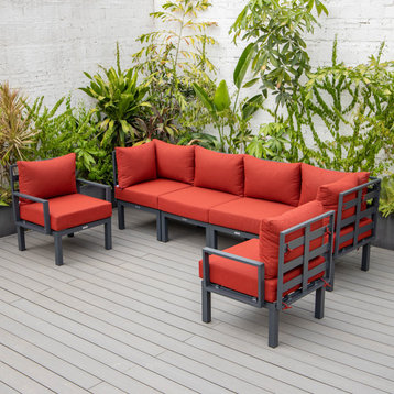 LeisureMod Chelsea 6-Piece Patio Set in Black Aluminum with Cushions, Red