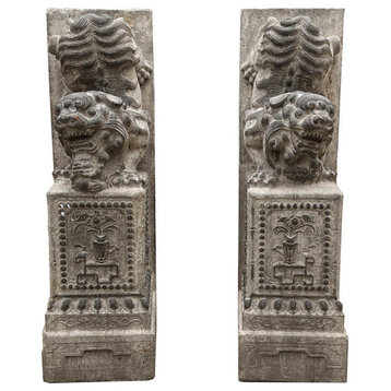 Chinese Pair Gray Stone Fengshui Foo Dogs Lions Door Block Statue Hcs7662
