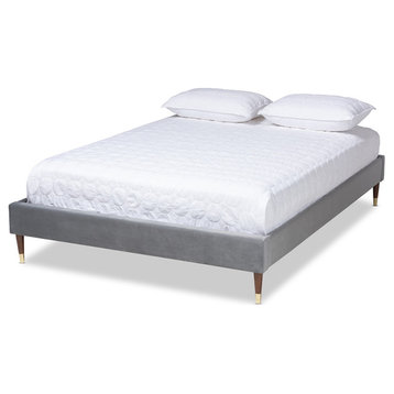 Charcoal Velvet Full Size Platform Bed Frame With Gold-Tone Leg Tips