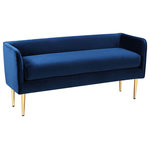 Meridian Furniture - Audrey Velvet Upholstered Bench, Navy - Sit or recline in exquisite comfort on this Audrey bench from Meridian Furniture. The navy velvet is smooth and soothing to touch, perfect for relaxing after a long day of activities. Underneath the bench are four golden legs for sturdy support with caps on each leg to protect your floors. The contemporary design suits modern households while the 20-pound weight makes it easy to move around as needed. Sit the bench in the living room for extra seating or by the front door for putting on shoes.