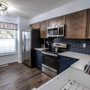 Two Tone Kitchen: Navy and Wood Kitchen with Carrara Wind Quartz Countertops