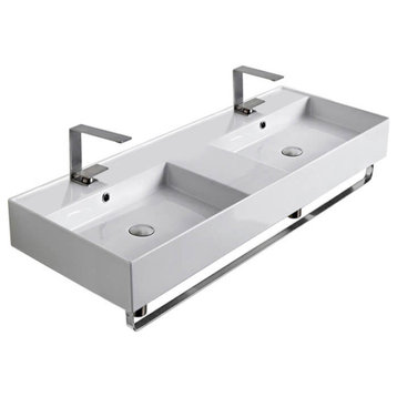 Double Ceramic Wall Mounted Sink With Polished Chrome Towel Holder, Two Hole