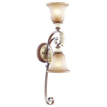 Traditional Wall Sconce, Metal Base With Glass Shades and Aged Gold Leaf Accents