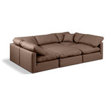 Meridian Furniture - Indulge Upholstered Modular U-Shaped Sectional, Brown, 6-Piece: 3 Armless Chair, 2 Corner Chair, 1 Ottoman, Fiber Stuffed Vegan Leather - Experience ultimate comfort and style with our brown vegan leather Indulge Sectional. The luxurious vegan leather will elevate the aesthetic of any room. This sofa provides ample space for you to relax while its modular build offers the option of unlimited configurations. Whether you're looking to add a stylish element to your living room or a comfortable seating option to your bedroom, this sofa is the perfect choice.