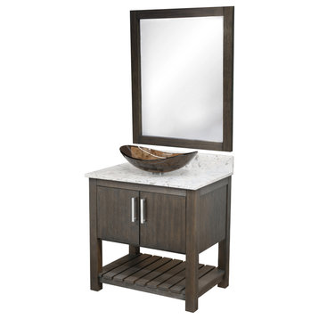 30" Vanity, Café Mocha Quartz Top, Sink, Drain, Mounting Ring, and P-Trap, Brushed Nickel, Mirror Included