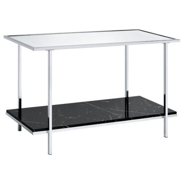 Elegant Console Table, Silver Frame With Black Faux Marble Shelf & Glass Top
