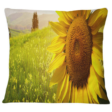 Yellow Field with Big Sunflower Landscape Printed Throw Pillow, 18"x18"
