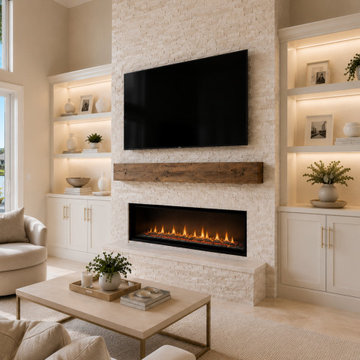 Custom Stone Fireplace TV Wall with Built-In Shelving