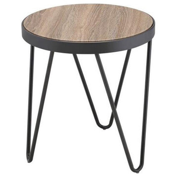 Round Wooden End Table with V-shaped Metal Legs, Gray Oak