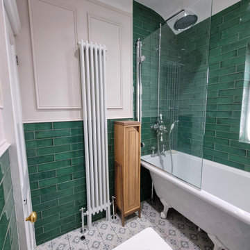 Traditional Bathroom with Wall Panels and freestanding tub