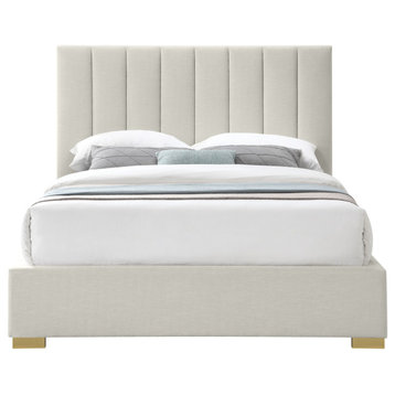 Pierce Linen Textured Fabric Upholstered Bed, Beige, Queen