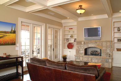 Mid-sized elegant open concept dark wood floor living room photo in Atlanta with beige walls, a standard fireplace and a stone fireplace