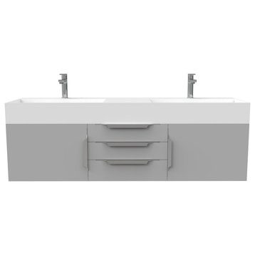 Amazon 60" Wall Mounted Bathroom Vanity Set, Gray, White Top, Brushed Nickel