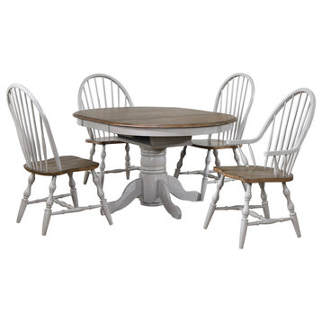 Round Extendable Dining Table Set, 2 Arm Chairs, Distressed Gray/Brown Wood