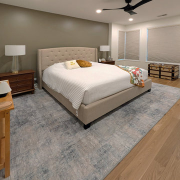 Panoramic Penthouse: Tufted-Headboard Bedroom with Olive Accent Wall