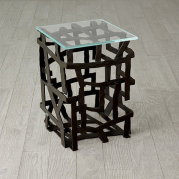 Metal Strips Open Modern Accent End Table Square Tempered Glass Top Abstract, Blackened Iron