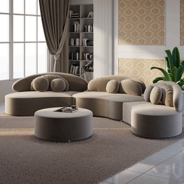 Khaki 4 Pieces Curved Sectional Modular Sofa Velvet Upholstered with Ottoman