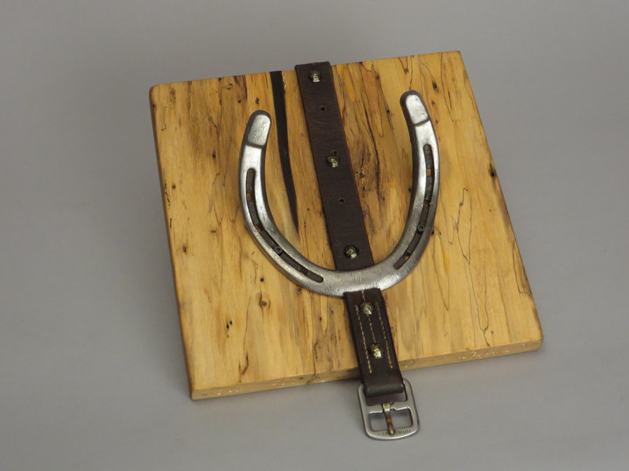 #R15005 Coat Rack. Reclaimed Box Elder, horseshoes, leather.
