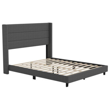 Hollis Upholstered Platform Bed with Wingback Headboard w/Mattress Foundation, Charcoal, Queen
