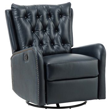 Transitional Genuine Leather Manual Swivel Recliner, Navy