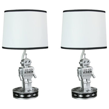 Set of 2 Retro 1960's Style Square Head Robot Sci-Fi Table Lamps With Shades