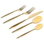 Godinger - Avellino Mirrored 18/10 Stainless Steel Flatware 20 Piece Set, Gold - Forged with a unique texture that fits well with any decor. Its stainless steel core makes it sturdy enough for everyday use and each place setting ensures that you have all the right utensils at hand, whatever the occasion. Set includes 4 Salad Forks, 4 Dinner Forks, 4 Dinner Knifes, 4 Teaspoons, 4 Tablespoons. 8.5'' L Dinner Fork, 7.5'' L Salad Fork, 6.75'' L Teaspoon, 9.5'' L Knife, 8'' L Tablespoon