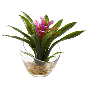8" Tropical Bromeliad, Angled Vase Artificial Arrangement, Purple