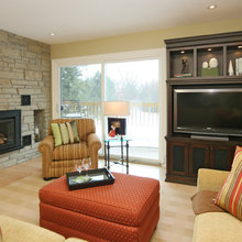 Open shelves above TV.