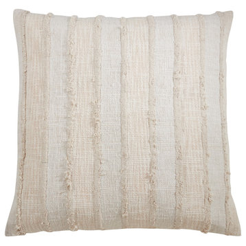 Poly Filled Fringe Stripe Throw Pillow, 22"x22", Ivory