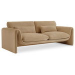 Meridian Furniture - Sloan Camel Velvet Fabric Sofa - Position this elegantly eye-grabbing Sloan velvet sofa wherever you need to inject sophistication and beauty into your room. This sofa features sumptuously appointed soft camel velvet that covers every inch of its softly padded arms, seat, and back cushions, ensuring total bliss while you read or watch TV. A wooden frame adds durability to the design, and the addition of a special matching pillow on the back adds to the chair's overall comfort factor.