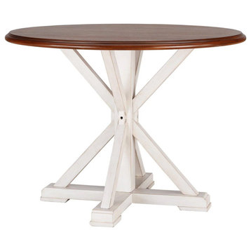 Farmhouse Dining Table, Hourglass X-Base With Round Top, Antique White/Brown