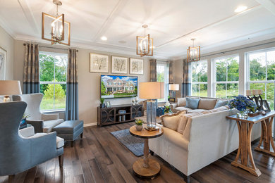 Example of a farmhouse formal dark wood floor and brown floor living room design in Philadelphia with beige walls and a wall-mounted tv
