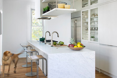 This is an example of a small contemporary galley eat-in kitchen in Denver with flat-panel cabinets, white cabinets, marble benchtops, stainless steel appliances, with island and white benchtop.