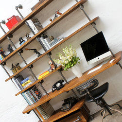 Nita Reclaimed Scaffolding Board & Dark Steel pipe Curved Shelving & Desk Unit - Desks & Writing Bureaus