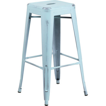Backless Distressed Metal Indoor/Outdoor Stool, Dream Blue, Bar Height