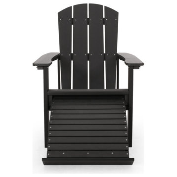 Ulises Outdoor Faux Wood Adirondack Chair With Retractable Ottoman, Black