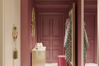 На фото: маленькая входная дверь со шкафом для обуви в стиле неоклассика (современная классика) с розовыми стенами, полом из керамогранита, одностворчатой входной дверью и бежевым полом