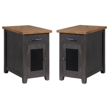 Home Square Rustic Chairside Table in Power Anitque Black and Honey - Set of 2