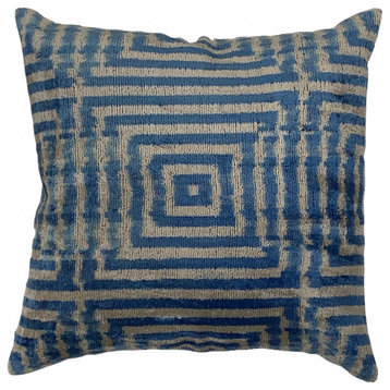 Turkish L Blue Velvet Ikat Pillow 16''x16''