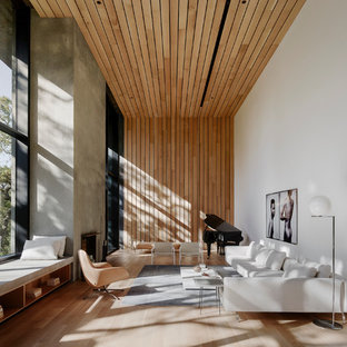 Idee per un soggiorno minimalista con sala della musica, pareti bianche, parquet chiaro, camino classico, cornice del camino in cemento e pavimento beige