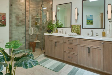 Inspiration for a mid-sized transitional 3/4 green tile and ceramic tile double-sink bathroom remodel in San Francisco with shaker cabinets, medium tone wood cabinets, a one-piece toilet, white walls, a drop-in sink, quartz countertops, white countertops and a freestanding vanity