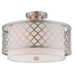 Livex Lighting - Livex Lighting Arabesque Light Ceiling Mount, Brushed Nickel - Our Arabesque three light semi flush mount will add refined style and a hint of mystery to your decor. The off-white fabric hardback shade creates a warm illumination, while the light brings to life the intricate brushed nickel cutout pattern.