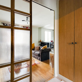 Cette photo montre un petit hall d'entrée éclectique avec un mur vert, une porte coulissante et une porte en bois clair.