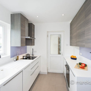 Contemporary White Kitchen with Lilac Splashback